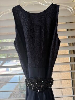 Badgley Mischka Black Lace Maxi Dress with Beaded Waist